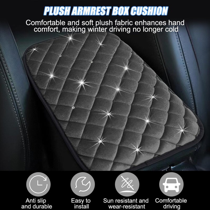 Mandark Bling Car Center Console Cover, Crystal Rhinestone Fluffy Automotive Armrest Seat Box Cushion Pad, Soft Comfortable Diamond Arm Rest Protection Mat, Universal Vehicle Accessories (Gray) - Image 5